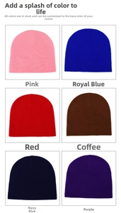 Close-up of knit beanies in six vibrant colors including pink, royal blue, and navy blue