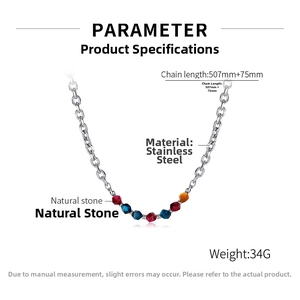 Detailed view of stainless steel chain necklace with faceted natural stone beads and extender