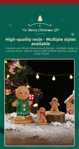Detailed view of Christmas gingerbread resin figures with striped candy canes and snow