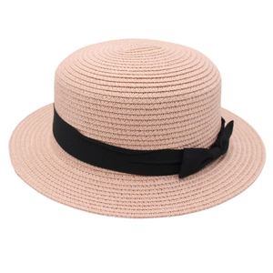 Elegant pink flat top straw boater hat with black ribbon bow for women's summer style