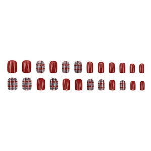 Glossy red and blue plaid press-on nail kit with 24-piece short square design
