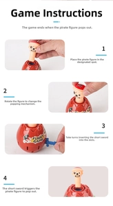 Detailed four-step guide for interactive pirate barrel game with figures and swords