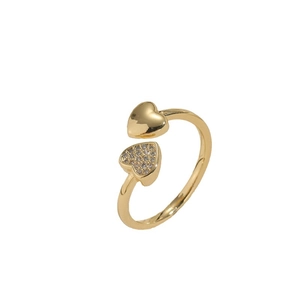 Minimalist open gold ring with dual heart design featuring sparkling zircons on white background