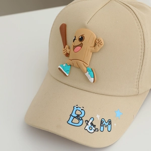 Khaki cotton kids baseball cap with 3D silicone cartoon figure and blue BM printing