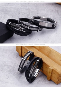 Close-up of men's braided leather bracelet with silver stainless steel magnetic clasp