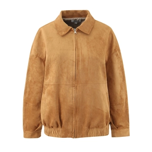 Women brown faux suede zipper jacket and shorts set with minimalist collar design