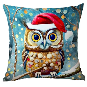 Christmas pillowcase with watercolor owl in red Santa hat on a dreamy blue bokeh background