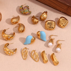 Collection of geometric 18K gold plated stainless steel earrings with rhinestones and pearls