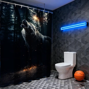 Shower Curtain Wolf Howling Forest Theme Waterproof Polyester Fabric Bathroom Decor Hooks Mystical Dark Style