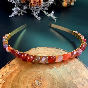 Handmade golden crown headband with red natural crystal stones in bohemian forest style