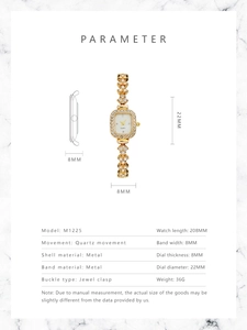 Tableau de paramètres et dimensions détaillés de la montre à quartz dorée pour femme