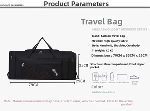 Detailed technical specifications and dimensions for the black large capacity travel duffel