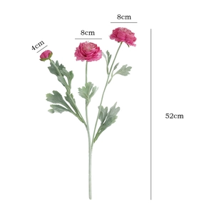 Pink artificial ranunculus flower with 3 heads and green leaves, 52cm total height
