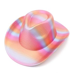 Pink iridescent cowboy hat with metallic luster and stripe texture for festive parties