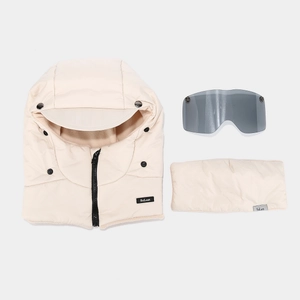 Set cappello aviatore invernale con cappuccio termico beige, occhiali e maschera antivento