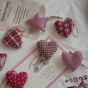 Christmas heart and star fabric ornaments set in red and white cotton linen with twine