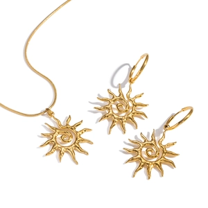 Golden stainless steel jewelry set featuring a spiral sun pendant necklace and matching earrings