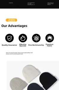 Detail view of ribbed knit beanies in white, grey, navy, and black with warm fleece lining
