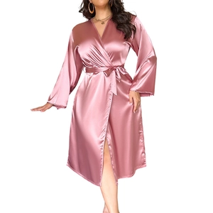 Elegant rose pink satin long bathrobe for women featuring a sexy V-neck and waist tie