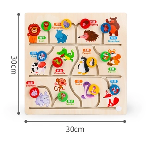 Top-down view of 30cm wooden animal maze puzzle for toddler logic and focus training