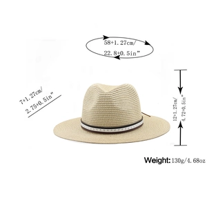 Guide des tailles du chapeau de paille: bord de 7 cm, hauteur 12 cm, tour de tête 58 cm