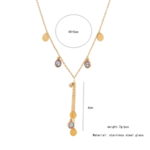 Detail view of gold stainless steel necklace with glass drop pendant and size specifications