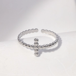 Elegant silver titanium steel open ring with cross charm and bead chain design for women