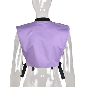 Rear view of purple cropped utility vest featuring black adjustable straps and elastic piping