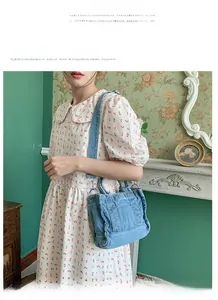 Classic blue denim crossbody bag detail with functional pockets and white stitching