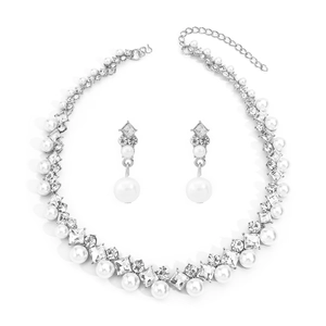 Parure de bijoux de mariée baroque élégante avec perles blanches et strass en argent