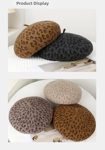 Detail of leopard print wool berets in brown, grey, beige and pink with top ties