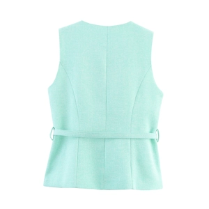 Vue arrière d'un gilet blazer sans manches vert menthe texturé avec ceinture assortie