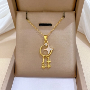 Star And Moon Tassel Pendant Necklace Stainless Steel Chain Copper Micro Inlaid Zircon Dainty Jewelry For Women Gold Plated