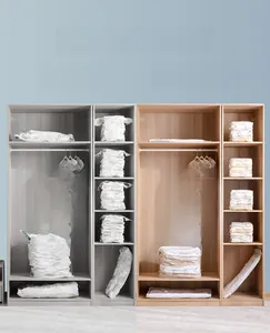 Detailed comparison of vacuum compression bags showing 75% space saving in a wooden wardrobe