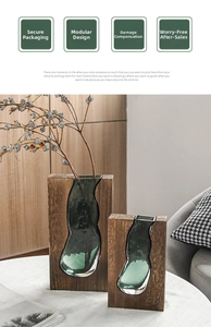 Detail view of split-design Nordic solid wood frame with green tinted glass vase inserts