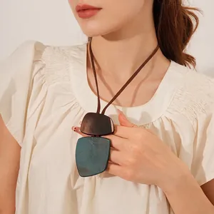 Modern irregular square geometric pendant necklace with wood and marble resin textures