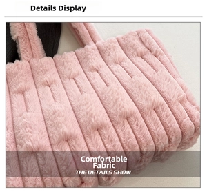 Close-up of pink plush tote bag showing soft faux fur texture and vertical stripe details