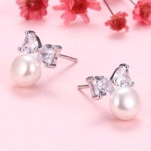 Elegant Bowknot Heart Cubic Zirconia Freshwater Pearl Drop Earrings With 925 Sterling Silver Earring Post For Women