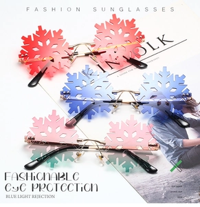 Close-up of snowflake rimless sunglasses in red, blue, and green gradient colors