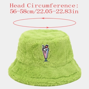 Winter plush grass green bucket hat with embroidered beverage patch for men and women