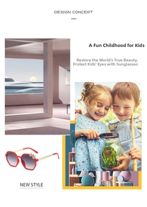 Detail of red hexagonal kids sunglasses with gold bow accent and gradient grey lenses