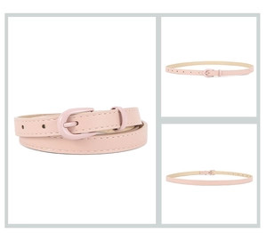 Detailed views of a pink slim PU leather belt featuring a round metal buckle closure