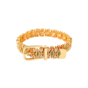 18k gold-plated geometric bracelet with green and white gemstones in a belt buckle design