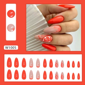 Sparkly glitter press-on nails in red and nude with grapefruit patterns, 24 piece set