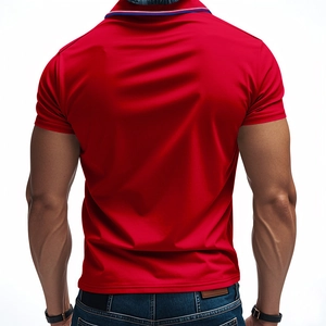 Rear view of red short sleeve polo shirt showing athletic fit and striped collar detail