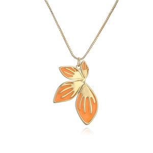 Golden necklace featuring a vibrant orange enamel leaf pendant on a thin box chain