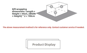 Sizing guide for gift wrap paper showing length and height measurement formulas for a full wrap