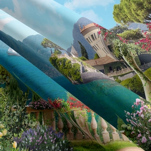 Detailansicht der feinen Stofftextur und des farbenfrohen mediterranen Landschaftsdrucks
