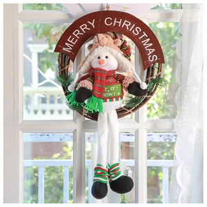 Detail of wooden Christmas wreath with plush snowman and Let It Snow wooden sign