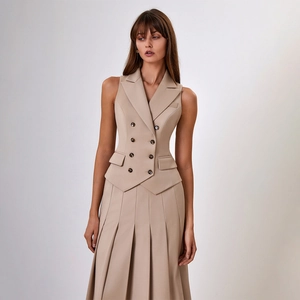 Tailleur Jupe Femme Élégant Gilet Sans Manches Et Jupe Longue Plissée Velours Double Face Style Bureau Formel